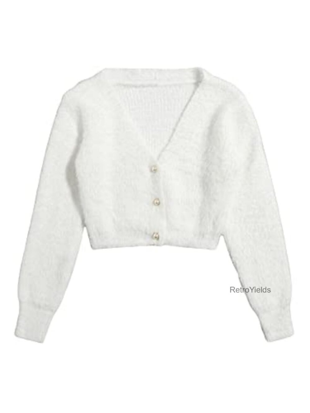 Fuzzy Cropped Cardigan Sweater Faux Fur Open Front V-Neck Long Sleeve